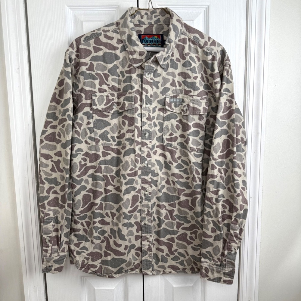 Burlebo Duck Camo Button Down Shirt Size M Tan Brown Gorpcore Utility Hunting